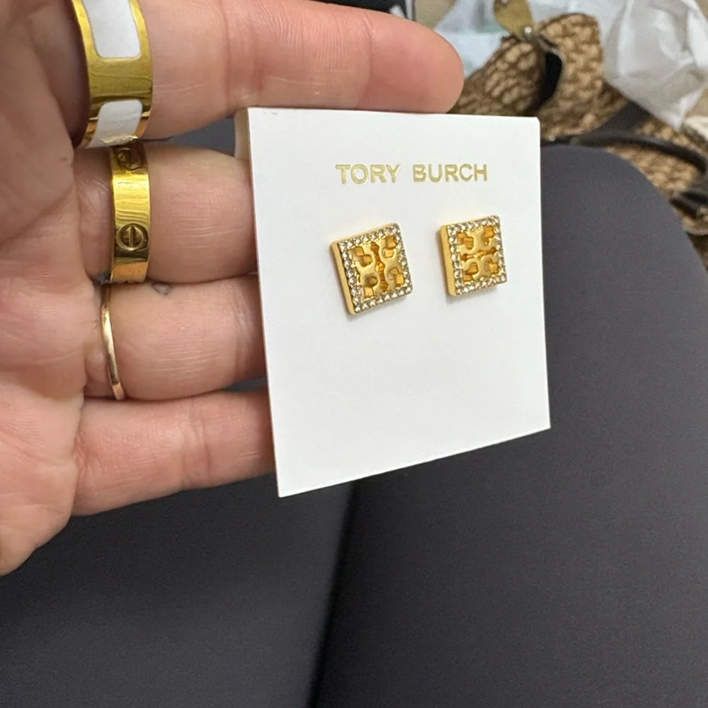 Tory Burch Gold and Crystal Square Earrings